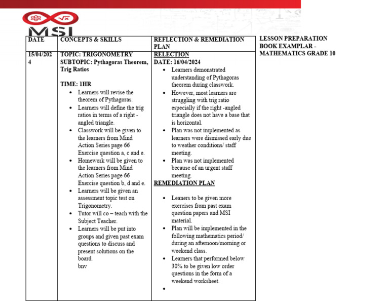 Grade 10 Trigonometry Lesson Plan | PDF | Trigonometry | Mathematics