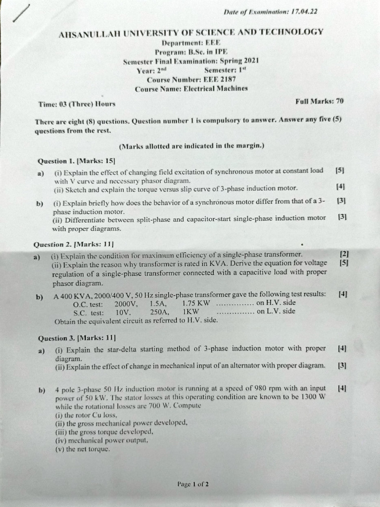 EEE 2187 Spring 2021 Exam Questions | PDF | Electric Motor | Electricity