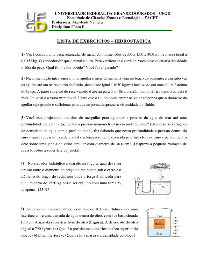 Lista Exercicios - Hidrostática | PDF