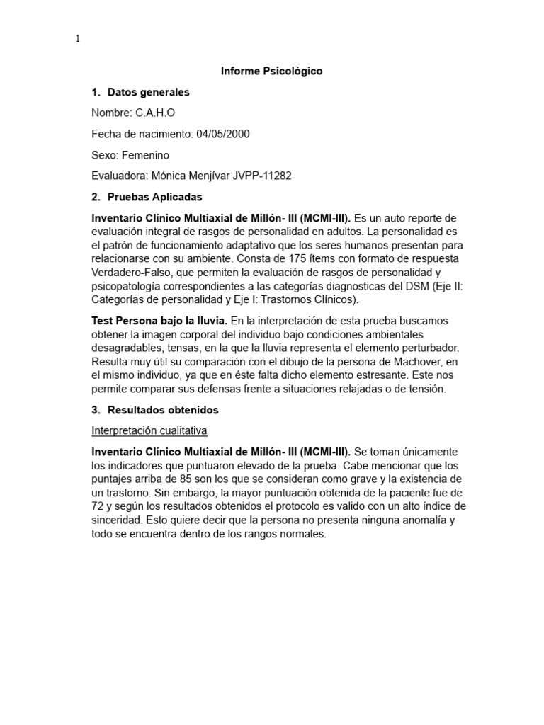 Informe Psicológico de C.A.H.O. | PDF | Las emociones | Salud mental