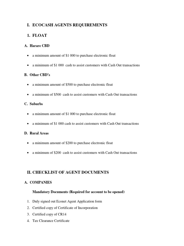 EcoCash Agent Requirements | PDF | Identity Document