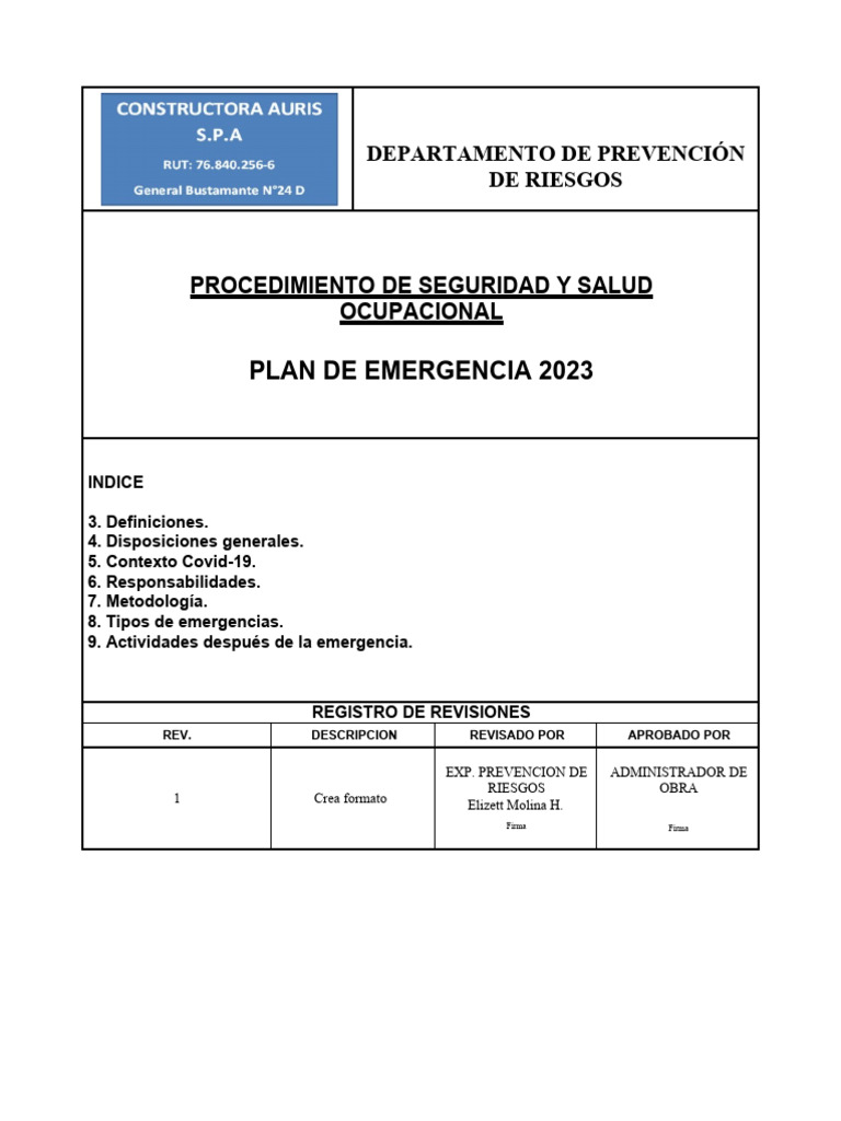 Plan de Emergencia 2023 en Obras | PDF | Incendios | Primeros auxilios
