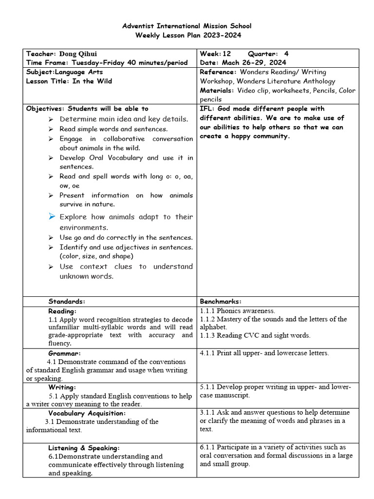 Language Arts LP Week 12 | PDF | Phonics | Writing