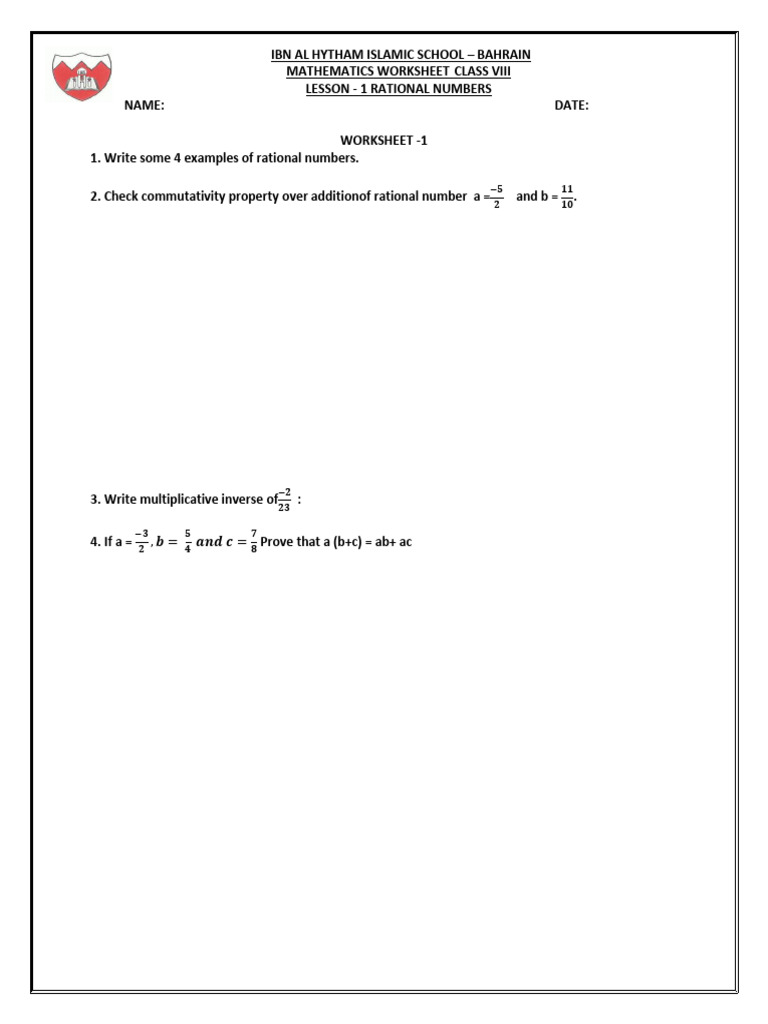 Rational Numbers Worksheet for Class VIII | PDF | Multiplication ...