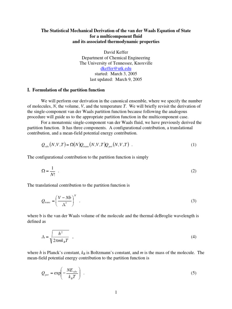 van der Waals Equation for Multicomponent Fluids | PDF | Phase (Matter ...