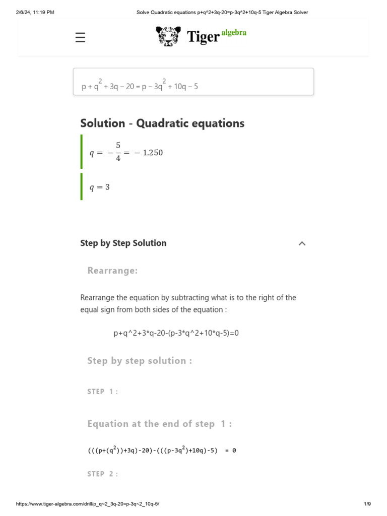 Solve Quadratic Equations P+Q 2+3q-20 p-3q 2+10q-5 Tiger Algebra Solver ...