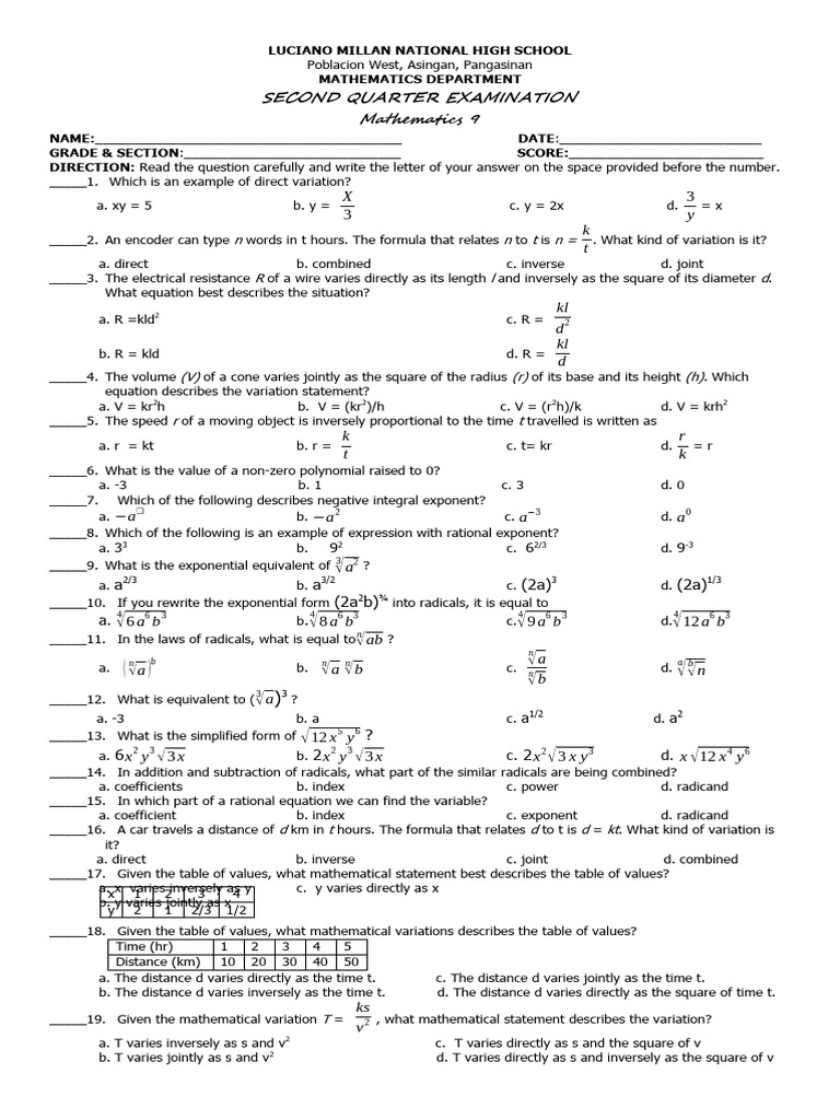 Grade 9 SECOND QUARTER FINAL EXAM 2023 2024 1 | PDF | Exponentiation ...