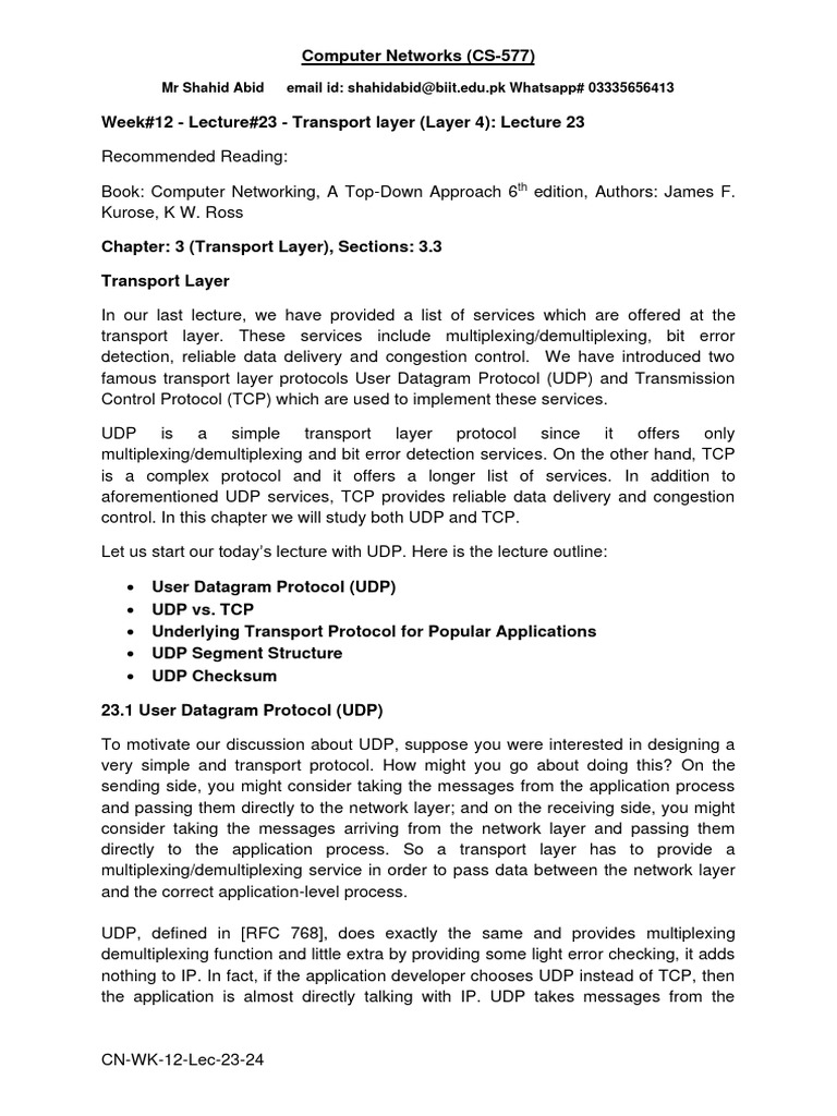 CN WK 12 Lec 23 24 L4 Transport Layer | PDF | Transmission Control ...