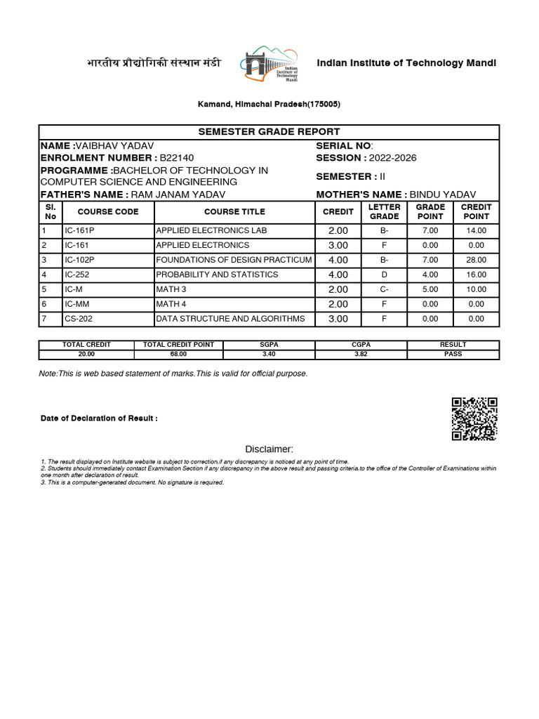 IIT Mandi Semester Grade Report B.Tech CSE | PDF | Computer Science ...
