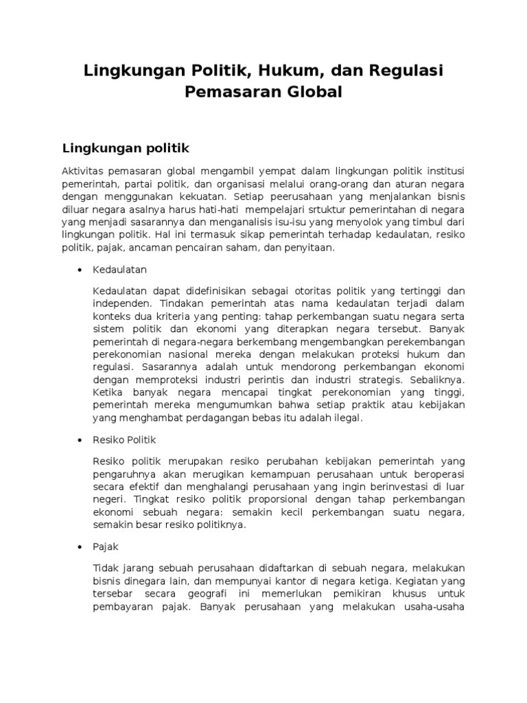 Lingkungan Politik Hukum Dan Regulasi Pemasaran Global