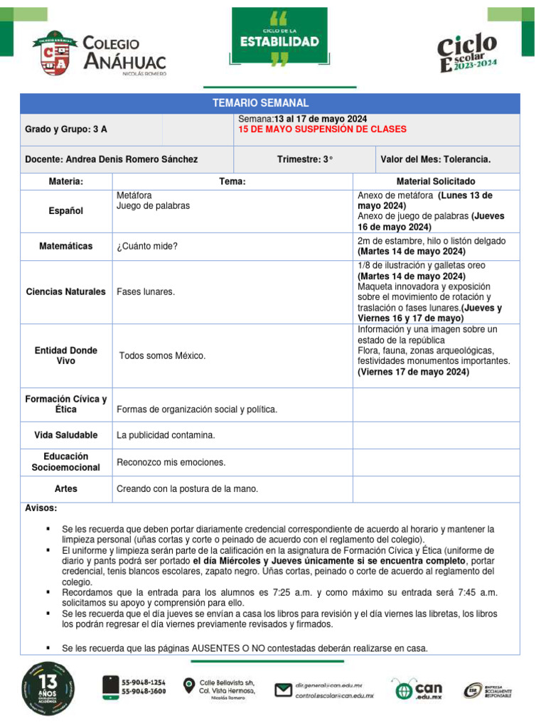 Temario Semanal 3° A: 13-17 Mayo 2024 | PDF