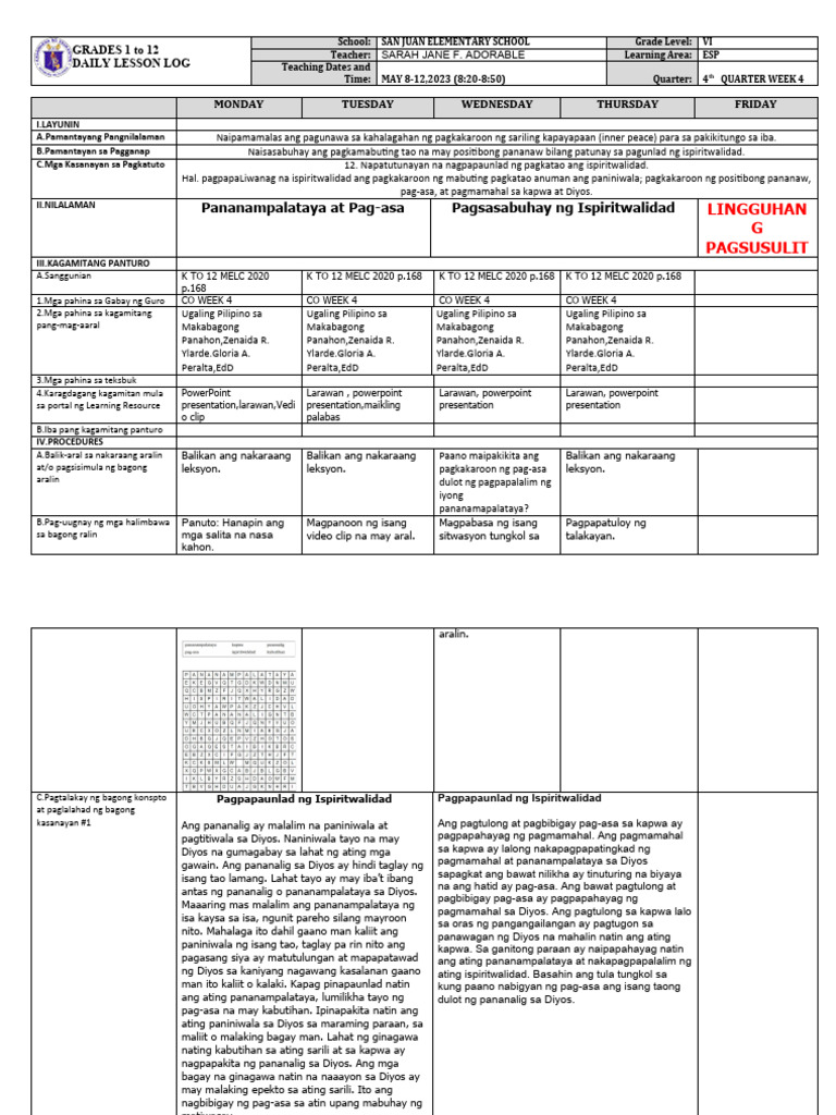 Esp 6 - DLL - Week 4 - Q4 | PDF