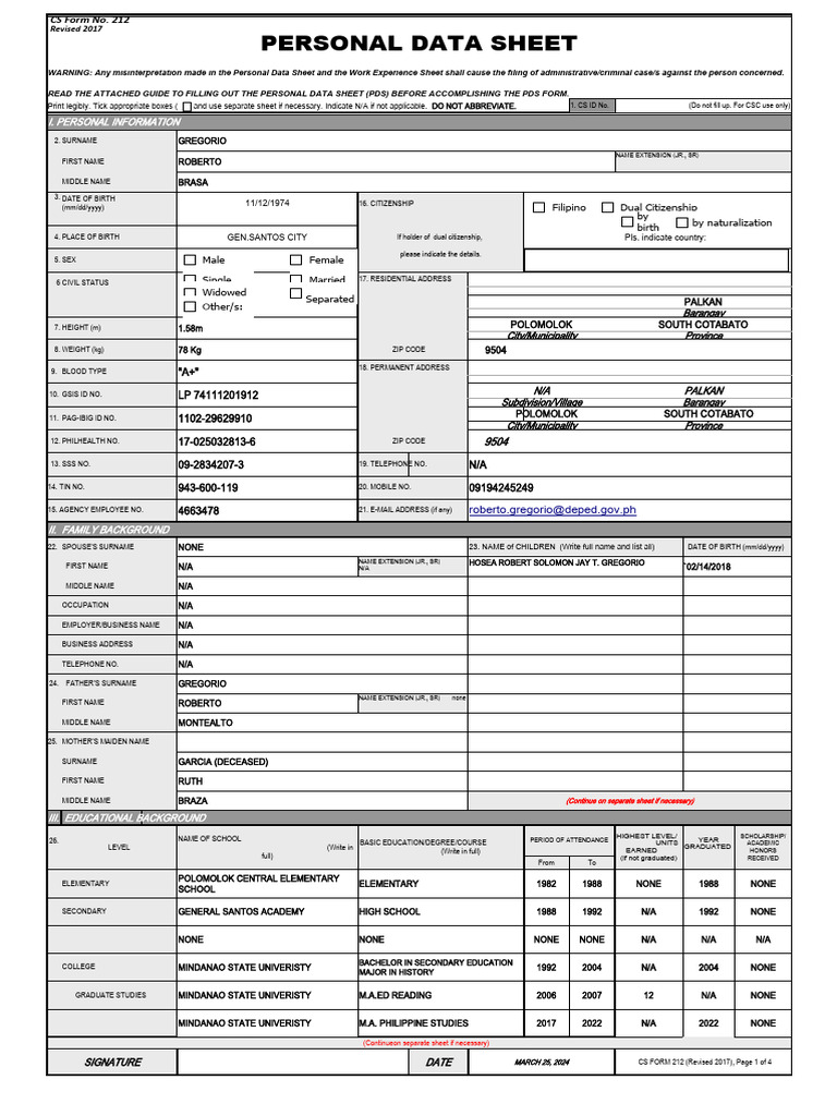 Personal data sheet pdf government