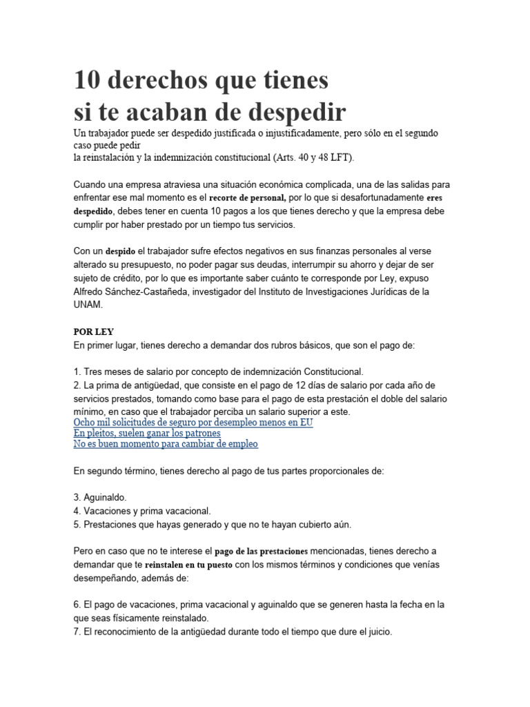 10 Derechos Que Tienes Al Ser Despedido Pdf Salario Desempleo