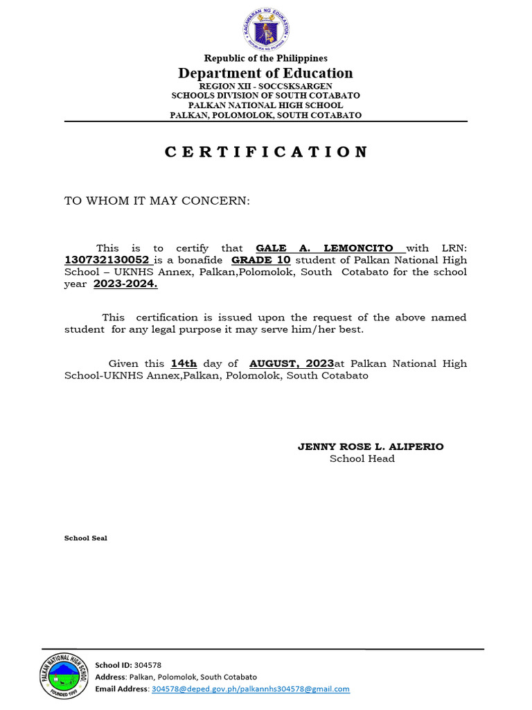 Certification for Grade 10 Student | PDF