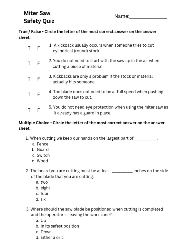 Miter Saw Safety Quiz PDF