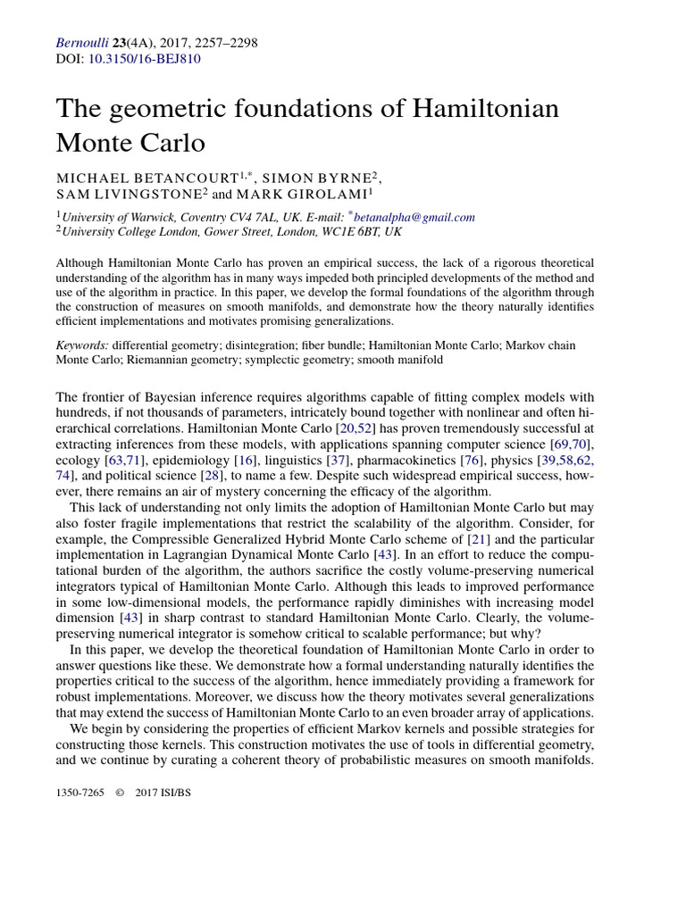 2017-The Geometric Foundations of Hamiltonian Monte Carlo | PDF ...