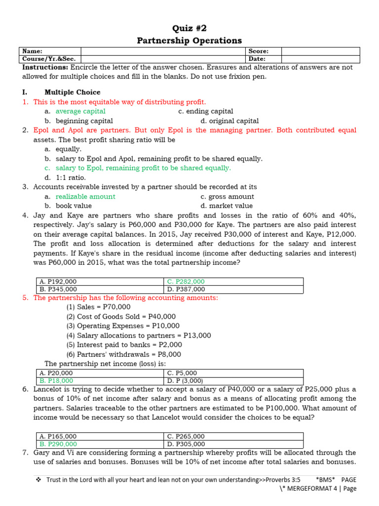 Partnership Operations Quiz and Problems | PDF | Interest | Partnership