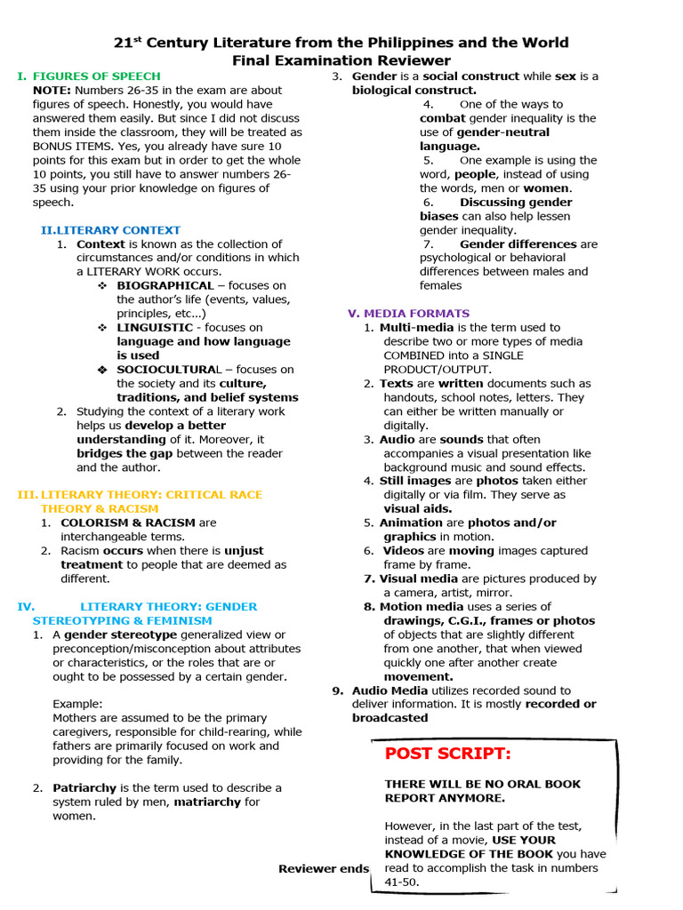 21st Century Lit Exam Reviewer | PDF | Gender | Gender Studies