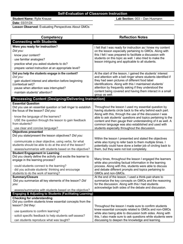 Lesson 4 Self Reflection Pdf Learning Attention