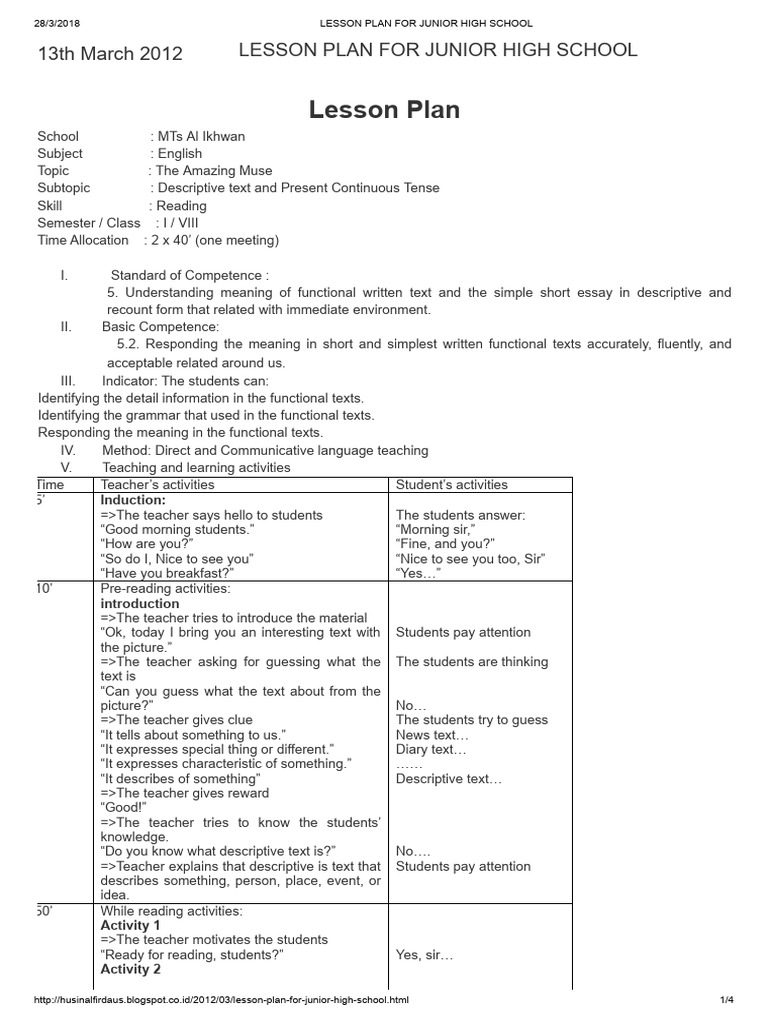 Lesson Plan For Junior High School | PDF | Career & Growth