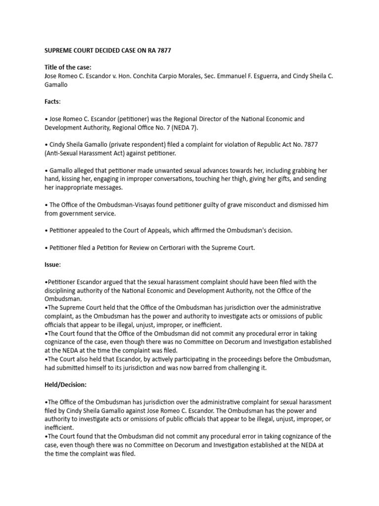 Supreme Court Ruling on Escandor Case | PDF | Complaint | Sexual Harassment