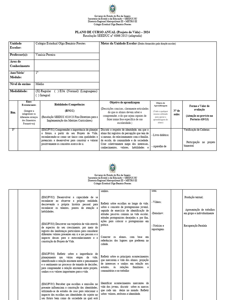 Plano de Curso Anual 2024: Projeto de Vida | PDF | Estado | Aprendizado