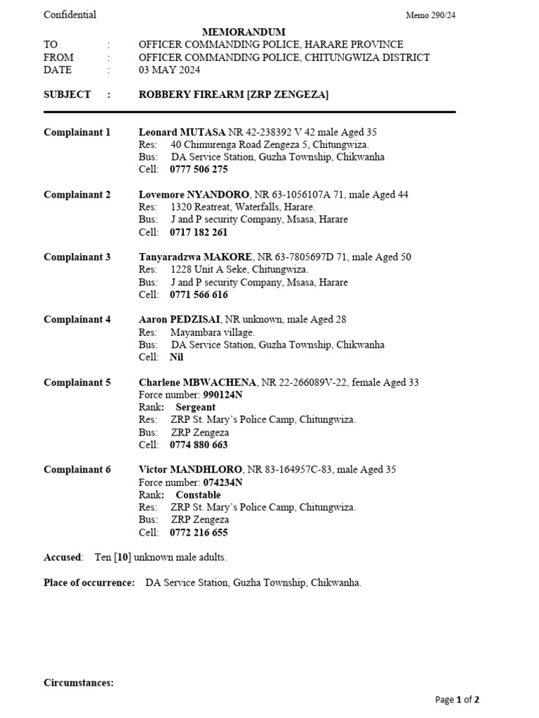 Memo Armed Robbery Firearm ZRP Zengeza | PDF | Criminal Justice | Crime ...