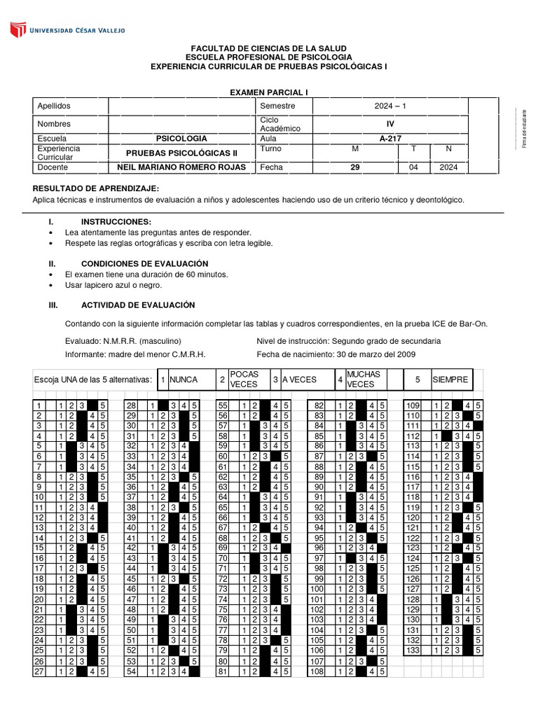 Examen - Parcial I 24-1 - PRUEBAS PSICOLÓGICAS II NEIL ROMERO ROJAS ...