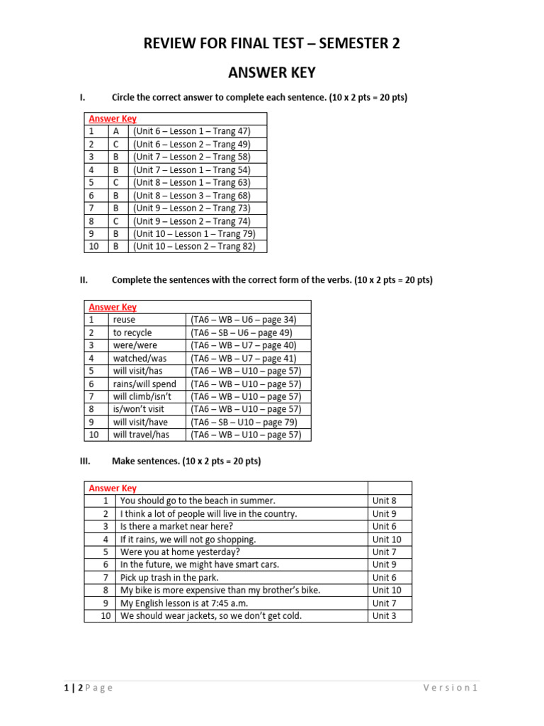 Student Exam Answer Key Pdf Linguistics Grammar