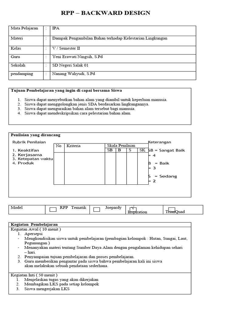 RPP Backward Design: Dampak SDA Kelas V | PDF
