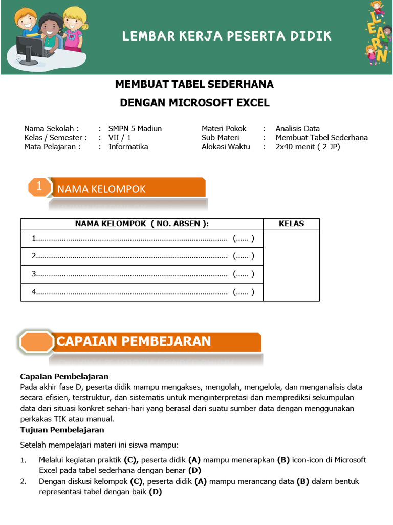 LKPD Excel Kelas 7c | PDF | Game & Aktivitas | Komputer