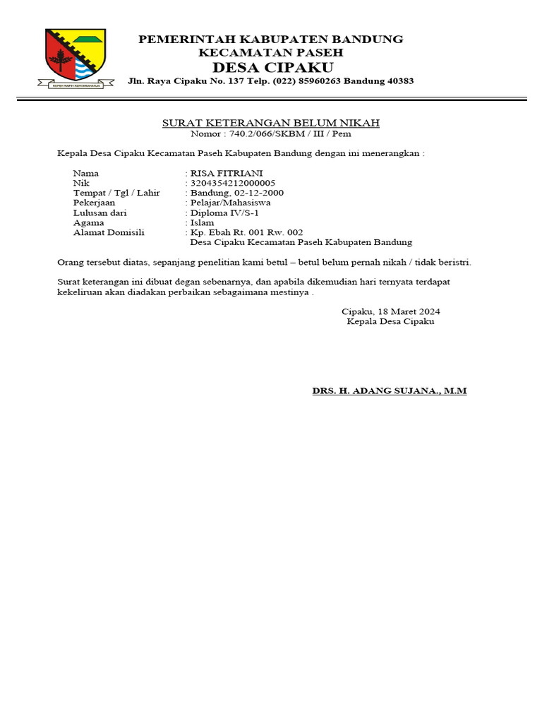 Surat Keterangan Belum Menikah Risa Fitriani | PDF