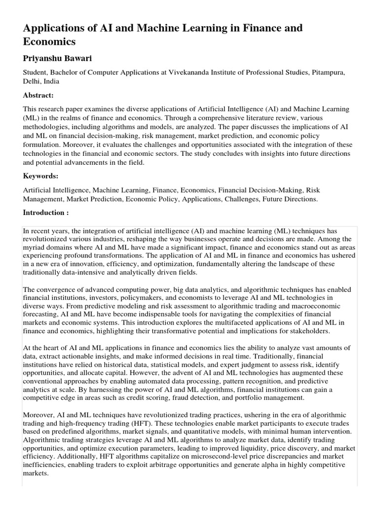 Applications of AI and Machine Learning in Finance and Economics | PDF ...