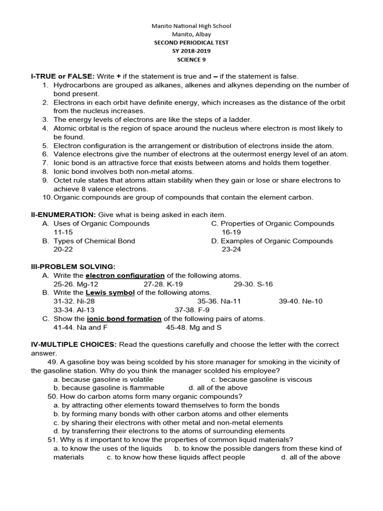 2018-2019second Periodic Test in Science 9 | PDF | Chemical Bond ...