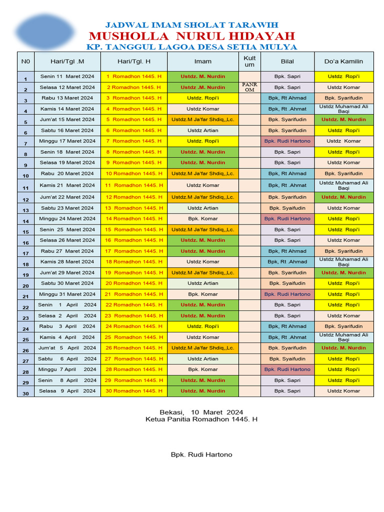 Jadwal Imam Tarawih Nurul Hidayah Pdf