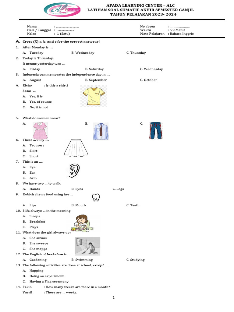 Mengenal Dunia Pakaian dalam Bahasa Inggris: Panduan Soal Latihan untuk Siswa Kelas 4 SD