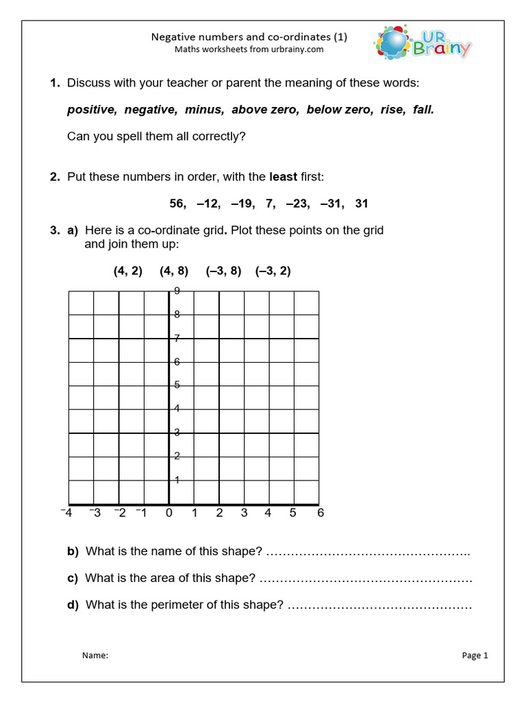 Negative Numbers and Coordinates Worksheet | PDF | Mathematics