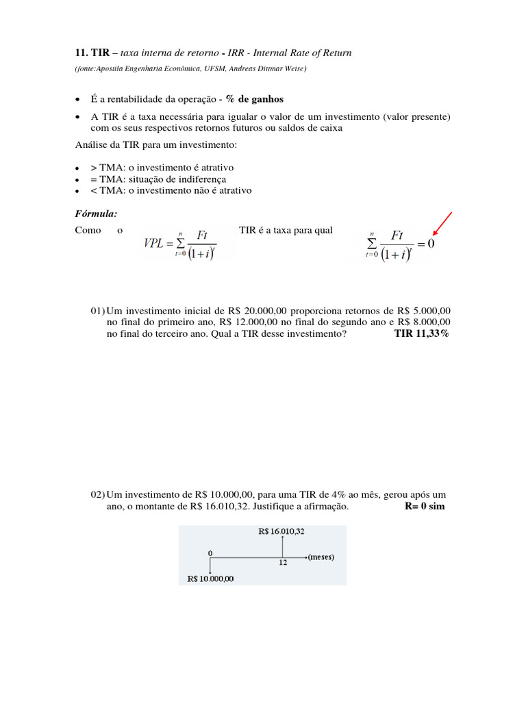 Cálculo da Taxa Interna de Retorno (TIR) | PDF | Taxa interna de ...