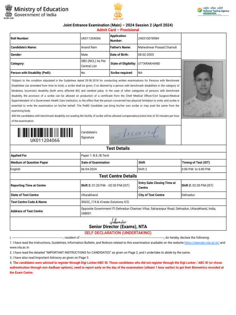 JEE Main 2024 Admit Card Details | PDF | Identity Document