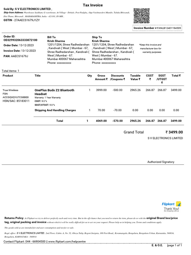 Invoice for OnePlus Buds Z2 Purchase | PDF | Taxes