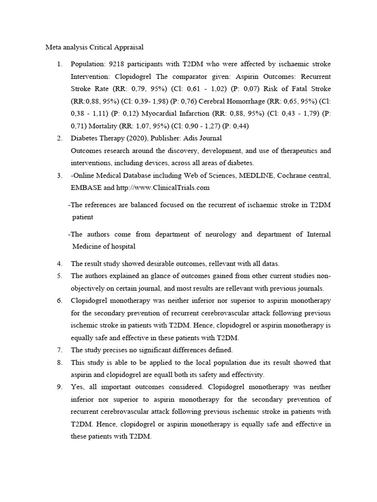 Critical Appraisal Meta Analysis | PDF | Stroke | Aspirin