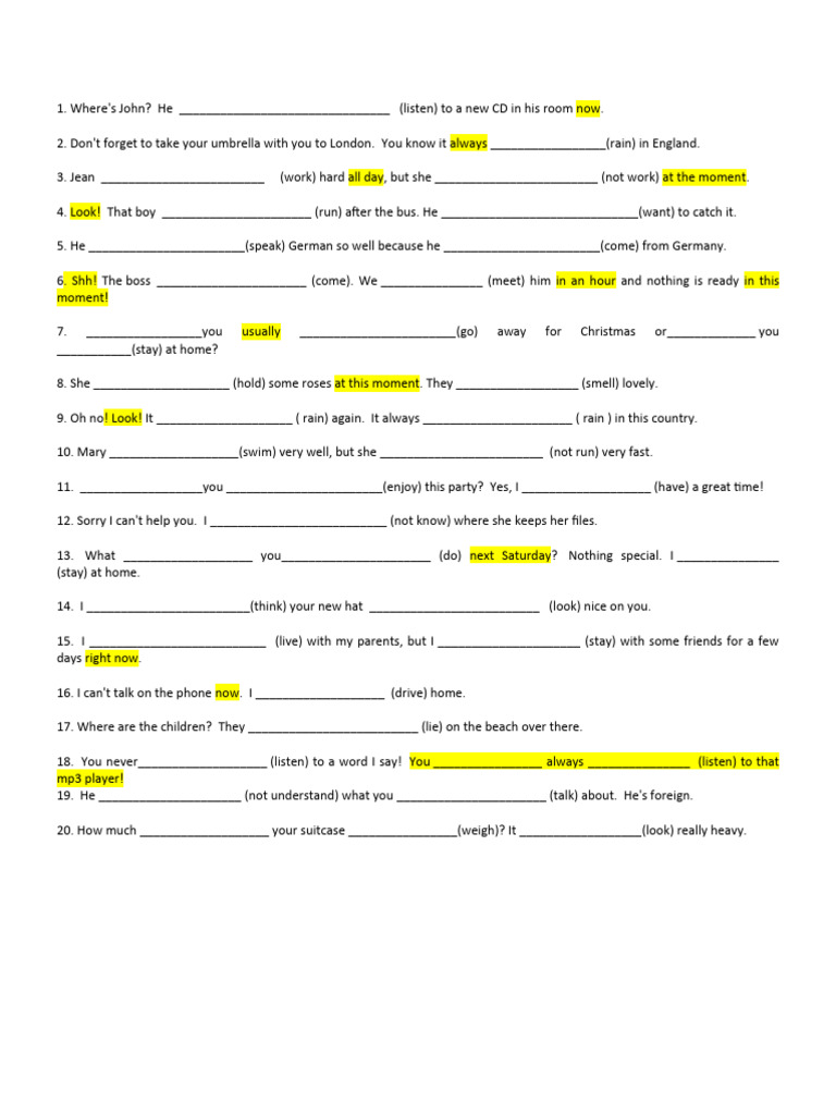 Present continuous vs simple present quiz practice pdf