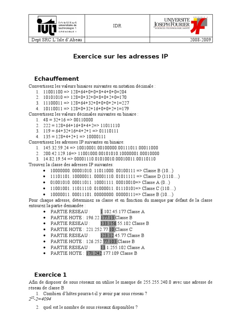 Exercices sur l'adressage IP et subnetting | PDF | Routage | Adresse IP