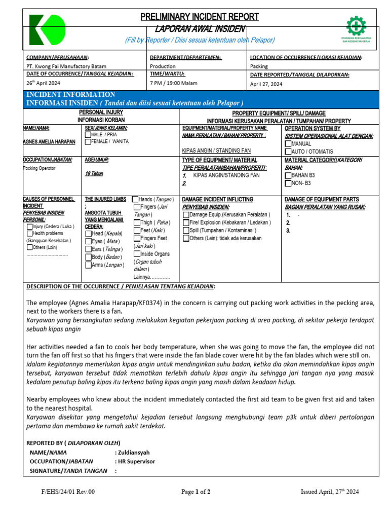 Incident Report: Packing Injury at PT Kwong Fai | PDF