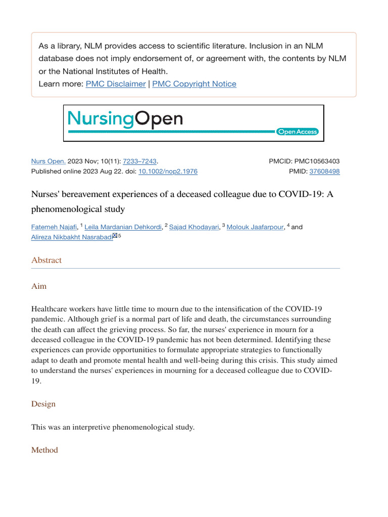 Nurses Bereavement Experiences of A Deceased Colleague Due To COVID 19 ...