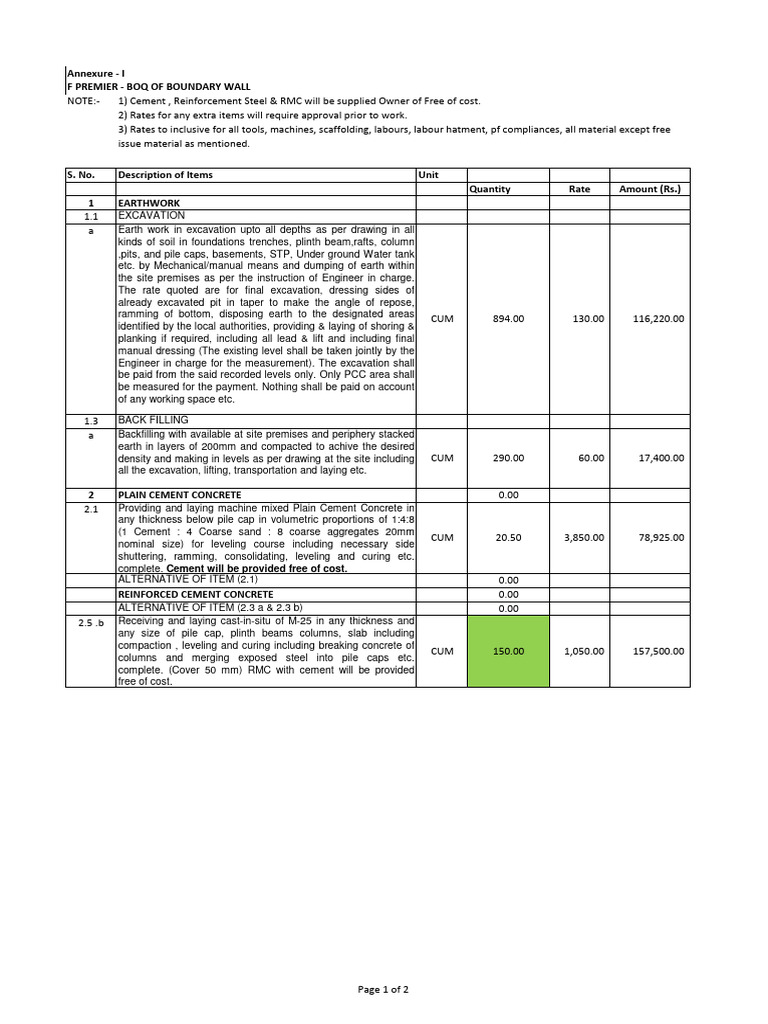 Boundary Wall BOQ and Cost Estimate | PDF | Concrete | Deep Foundation
