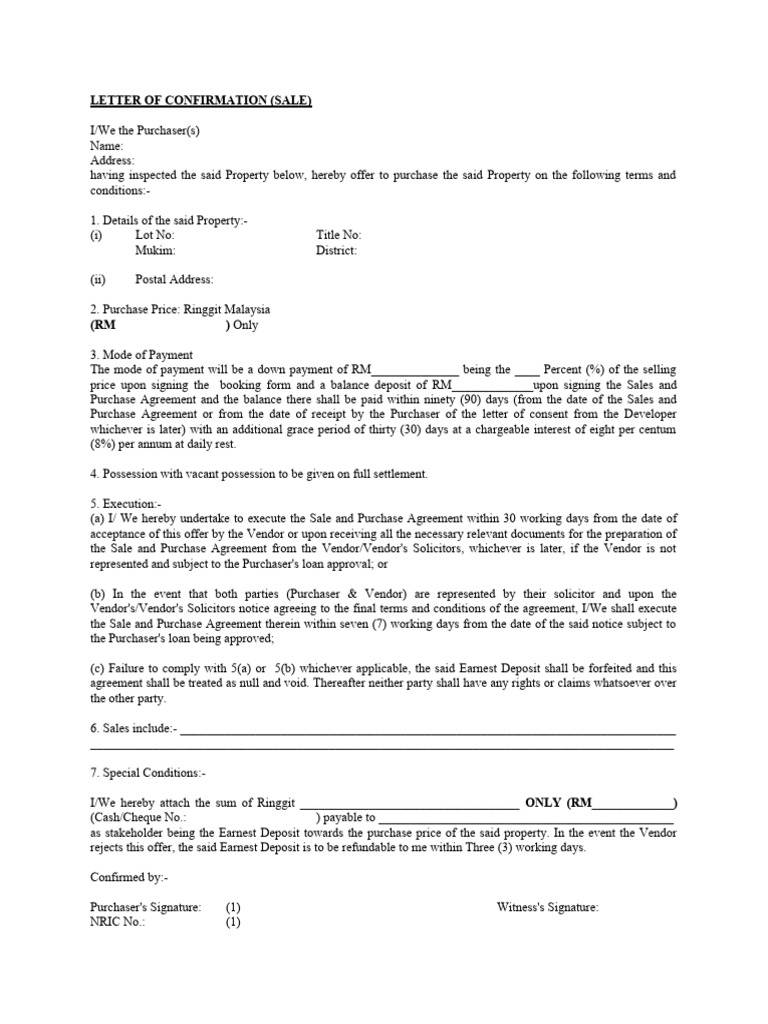 Property Booking Confirmation Letter | PDF | Business | Private Law
