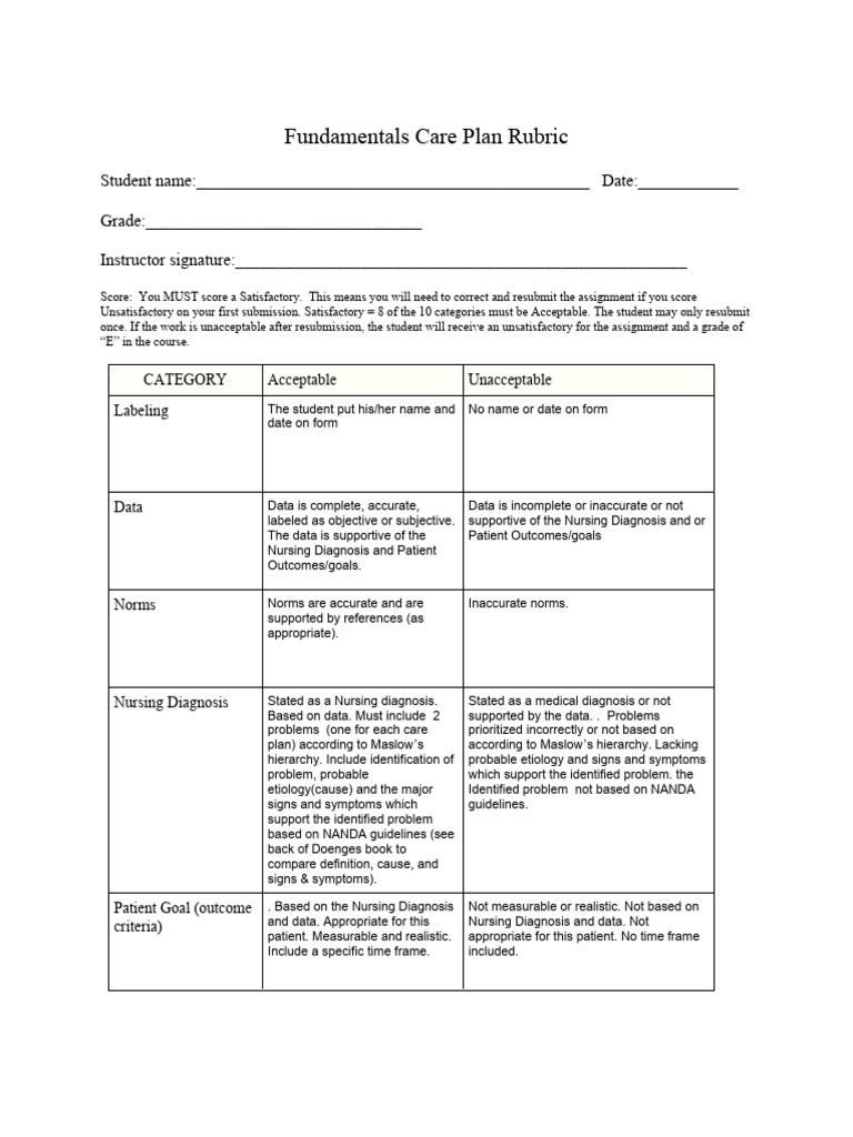 Care Plan Rubric for Nursing Students | PDF | Nursing | Medical Diagnosis
