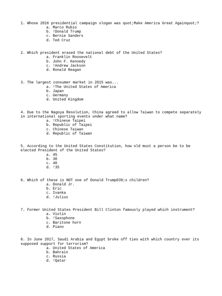 US Political Trivia Quiz Questions | PDF | Presidents Of The United ...
